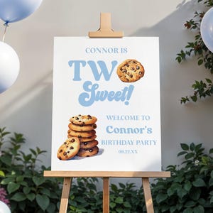 Letrero de bienvenida para el segundo cumpleaños de Two Sweet / Cartel de caballete editable para fiesta de segundo cumpleaños de Blue Cookie and Milk en tablero de espuma