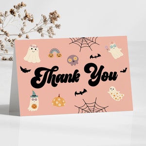 Rosa Halloween Gruselige Danke-Karte | Bearbeitbare Vorlage Gefaltet Dankeschön | Babyparty oder Geburtstagsfeier