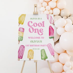 Panneau de bienvenue pour fête d'anniversaire Cool One | Tableau en mousse pour chevalet popsicle modifiable | Sucettes glacées rétro estival rose vert jaune A91