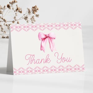 Tarjeta de agradecimiento editable con elegante lazo rosa y borde de encaje / Plantilla editable para nota de agradecimiento plegada / Baby Shower o fiesta de cumpleaños B84 B86