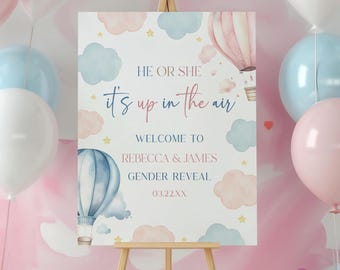 May include: A rectangular gender reveal sign on a wooden easel, featuring watercolor hot air balloons, clouds, and stars. The text reads: HE OR SHE, IT'S UP IN THE AIR, WELCOME TO REBECCA & JAMES GENDER REVEAL, 01.22.XX. Surrounded by pink, blue, and white balloons.