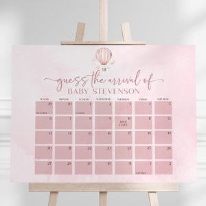 Calendario con fecha de parto para baby shower con globo aerostático rosa / Plantilla imprimible digital editable Descarga instantánea A30