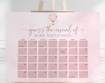 Calendario con fecha de parto para baby shower con globo aerostático rosa / Plantilla imprimible digital editable Descarga instantánea A30