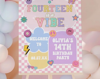 May include: A rectangular birthday party sign on a wooden easel featuring a pink and white checkered border. The text reads "FOURTEEN is a VIBE", "WELCOME TO", "OLIVIA'S 14TH BIRTHDAY PARTY", and "08.27.XX". Graphics include smiley faces, flowers, a butterfly, and a lightning bolt.
