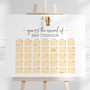 Ein Baby braut sich Babyparty Fälligkeitsdatums-Kalender Zeichen | Bearbeitbare digitale druckbare Vorlage Sofortiger Download | Baby-Bierflasche A94