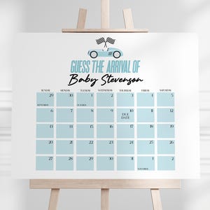 Baby Shower Fälligkeit Datum Kalender Zeichen | Bearbeitbare digitale druckbare Vorlage Sofortiger Download | Rennwagen B83