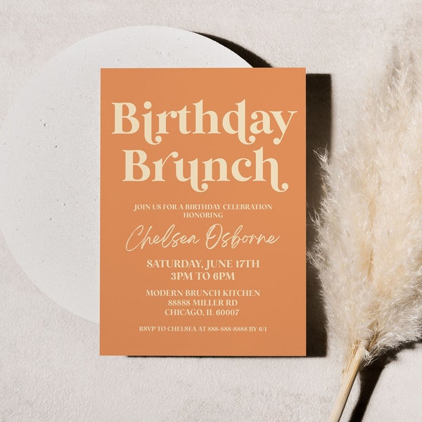 Birthday Brunch Invitation | Editable Birthday Party Invite | Minimalist Orange Beige Retro Vintage Minimal Plain Simple Bare Modern Basic