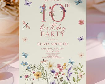 May include: A rectangular birthday party invitation card on a cream background featuring watercolor illustrations of wildflowers, butterflies, and dragonflies. The text reads: Join us for a 10th birthday party in honor of Olivia Spencer, Saturday, June 8th.
