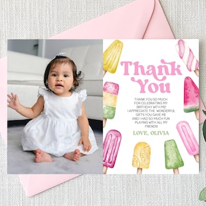 Cartões de agradecimentos lisos da festa de aniversário amarela verde | Foto de imagem personalizada editável A88 A91