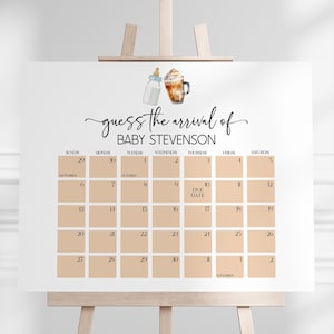 Calendario con fecha de parto para baby shower con un bebé en gestación / Plantilla imprimible digital editable Descarga instantánea / Biberón de café A40