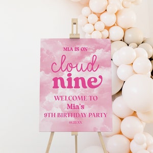 Panneau de bienvenue modifiable sur Cloud Nine 9e anniversaire | Nuage rose pour neuvième anniversaire | Poster Chevalet en mousse A12