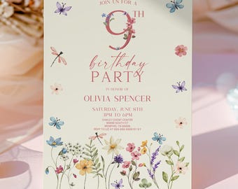 May include: A cream-colored birthday party invitation card featuring a large number 9 decorated with floral patterns, surrounded by watercolor illustrations of butterflies, dragonflies, and wildflowers, with text reading JOIN US FOR A 9TH BIRTHDAY PARTY IN HONOR OF OLIVIA SPENCER.