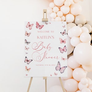 Panneau de bienvenue rose papillon pour baby shower | Tableau en mousse pour poster de baby shower, papillon, modifiable | Moderne Mignon Elégant