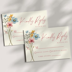 Wildblumen Wildblumen Blumenhochzeit Antwortkarte | Lila rosa Antwortkarte für die Hochzeit | Bearbeitbare Vorlage B25