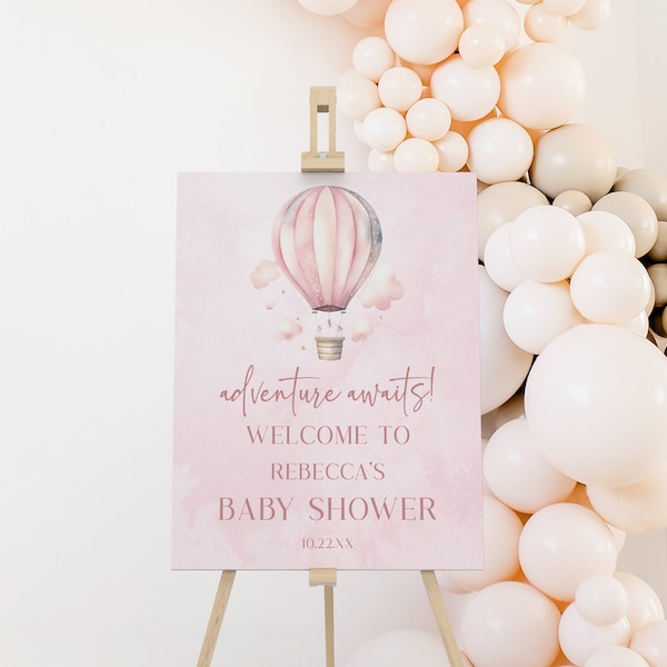 Adventure Awaits! Pink Hot Air Balloon Baby Shower Welcome Sign | Editable Watercolor Pink Baby Shower Easel Poster Foam Board A30