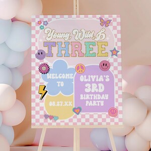 Young, Wild, & Three Preppy Varsity Patch 3rd Birthday Party Welcome Sign | Modern Retro Third Birthday Editable Easel Poster Foam Board A65