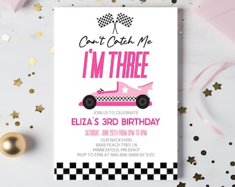 Can't Catch Me I'm Three Race Car 3rd Birthday Party Invitation | Pink Third Birthday Party Invite | Editable Invite C15