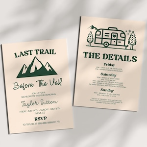 Faire-part de week-end EVJF modifiable avant le voile avec détails carte d'itinéraire | Camping-car de randonnée beige vert