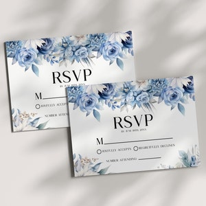 Dusty Blue Blumen Blumen Hochzeit Antwortkarte | Blau Weiß Elegante Antwortkarte für die Hochzeit | Bearbeitbare Vorlage B14