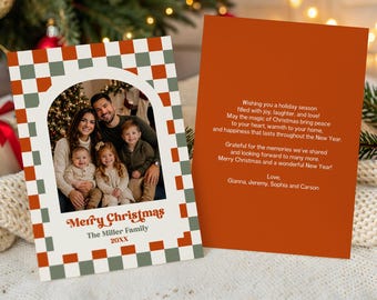 May include: A rectangular holiday greeting card featuring a green and orange checkered border with an arched photo of a family of four. The text reads Merry Christmas, The Miller Family, 20XX, and includes a holiday message on the back.