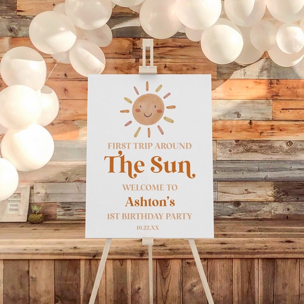 First Trip Around The Sun First Birthday Party Welcome Sign | Editable 1st B-Day Easel Poster Foam Board | Yellow Orange Boho Retro Sun