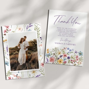 Wildblumen Blumen Blumen Hochzeit Dankeskarte | Wilder Blumengarten Moderne Elegante Bearbeitbare Flache Dankeskarte | Kundenspezifisches Bild Foto B27