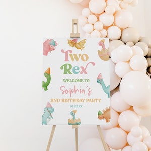 Panneau de bienvenue pour 2e anniversaire sur le thème des dinosaures Rex | Tableau en mousse éditable pour le deuxième chevalet B-Day