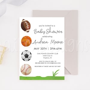 Sports Themed Baby Shower Invitation, Sport Theme Baby Shower Invite, Basketball Baseball Soccer Football Themed Baby Shower Invites