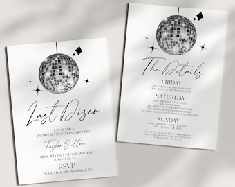 May include: Black and white invitation with a disco ball graphic. The invitation reads "Last Disco" and includes the text "Join us for a four-day weekend honouring Taylor Sutton. Friday, July 1-Sunday, July 3, 2023, Las Vegas, NV. RSVP to [phone number] by [date]"