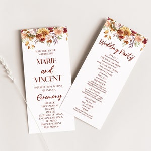 Programme de mariage de fleurs florales orange brûlé bordeaux | Modèle modifiable de carte d'informations sur le programme de mariage d'arrangement floral aquarelle A33