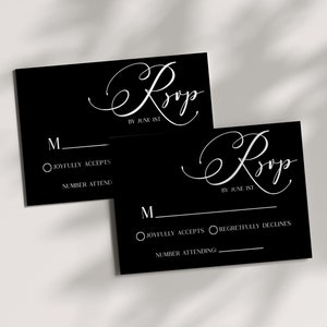 Tarjeta de respuesta de boda minimalista moderna y minimalista / Tarjeta de respuesta de boda clásica, simple, elegante, en blanco y negro, plantilla editable