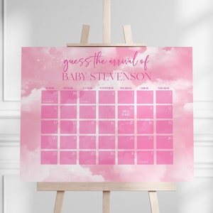 We Are On Cloud Nine Baby Shower Due Date Kalender Schild | Bearbeitbare digitale druckbare Vorlage | Rosa Weiße Wolken