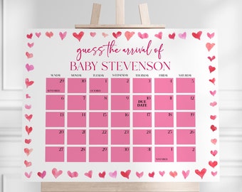Op de afbeelding: Roze kalender met harten rond de rand. De kalender is om de komst van Baby Stevenson te raden. De uitgerekende datum is gemarkeerd in de kalender.