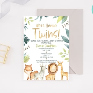 Editable | Twins Baby Shower Invitation | Safari Animals Themed Baby Shower Invite | Zoo Animal Themed Invitation