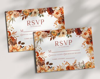 Elegante tarjeta de confirmación de asistencia para boda con diseño floral rústico otoñal / Tarjeta de respuesta adicional en naranja, rojo y burdeos / Editable C73