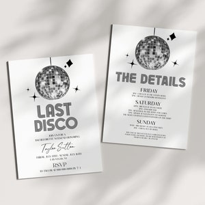 Invito per il weekend di addio al nubilato con palla da discoteca in argento modificabile con dettagli, itinerario, scheda / invito per festa di addio al nubilato