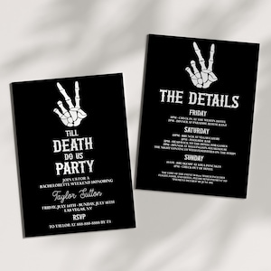 Bearbeitbar bis der Tod uns Party Bachelorette Wochenend-Einladung w / Details Reiseplan Karte | Gothic Spooky Skelett Junggesellinnenabschied laden
