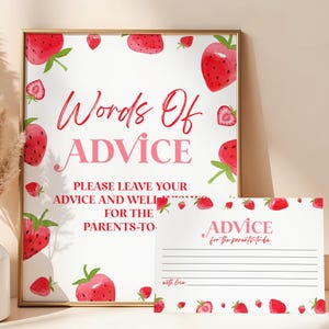 Tekstbordje en kaartjes met woorden van aardbeien voor babyshower | Advies voor toekomstige ouders | Berry Sweet babyshower