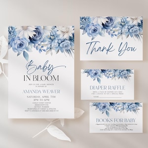 Baby in bloei: uitnodigingsbundel voor babyshower | Bewerkbare babyshoweruitnodiging luierloterij en boeken voor babykaart Opvouwbare bedankkaart B13