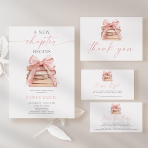 Een nieuw hoofdstuk begint Bewerkbare babyshoweruitnodiging suitebundel verhaalboek roze strik uitnodiging luierloterij boeken voor baby bedankkaart B82