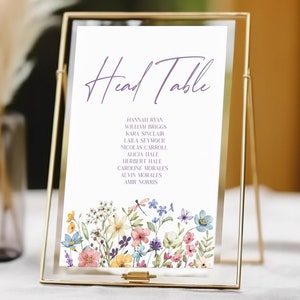 Placa de mesa de casamento com flores silvestres com modelo de nomes | Cartão de mesa de cabeça floral com flores silvestres para impressão editável B27