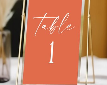 Modern Elegant Verona Sunset Wedding Table Number Template |  Printable Table Number Sign | Warm Orange Table Number Card Editable C71