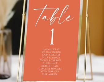 Modern Elegant Verona Sunset Wedding Table Number Card Template W/ Names |  Printable Table Number Sign | Warm Orange Editable C71
