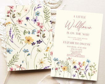 Editable A Little Wildflower Is On The Way Baby Shower Invitation, Floral Wild Flowers Invite, Modern Elegant Cute B19