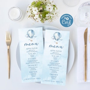 Menu modificabile per baby shower / Menu per baby shower con mongolfiera blu / Moderno ed elegante acquerello blu A29