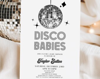May include: A white rectangular baby shower invitation card featuring a black graphic of a disco ball with star accents. The text reads DISCO BABIES, JOIN US FOR A BABY SHOWER IN HONOR OF Taylor Sutton, SATURDAY, DECEMBER 23RD, 6PM TO 10PM, ELK EVENT VENUE.
