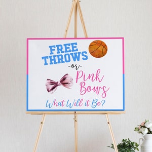 Free Throws and Pink Bows Gender Reveal Sign | Basketball and Bows Themed Gender Reveal Party Sign | Blue & Pink | A26