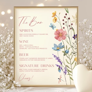 Plantilla de menú editable para letrero de bar de bodas / Elegante letrero de bar de bodas personalizado con flores silvestres / Flores florales moradas, rosas y azules B25