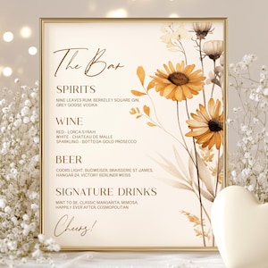 Plantilla editable para menú de bar de bodas / Elegante letrero de bar de bodas personalizado con flores silvestres estilo bohemio / Flores florales marrón, beige y tostado B26