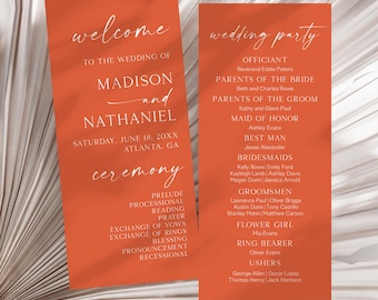 May include: Two rectangular orange wedding program cards with white text. The left card reads welcome to the wedding of Madison and Nathaniel, Saturday, June 18, 20XX, Atlanta, GA, and ceremony. The right card lists the wedding party and participants.